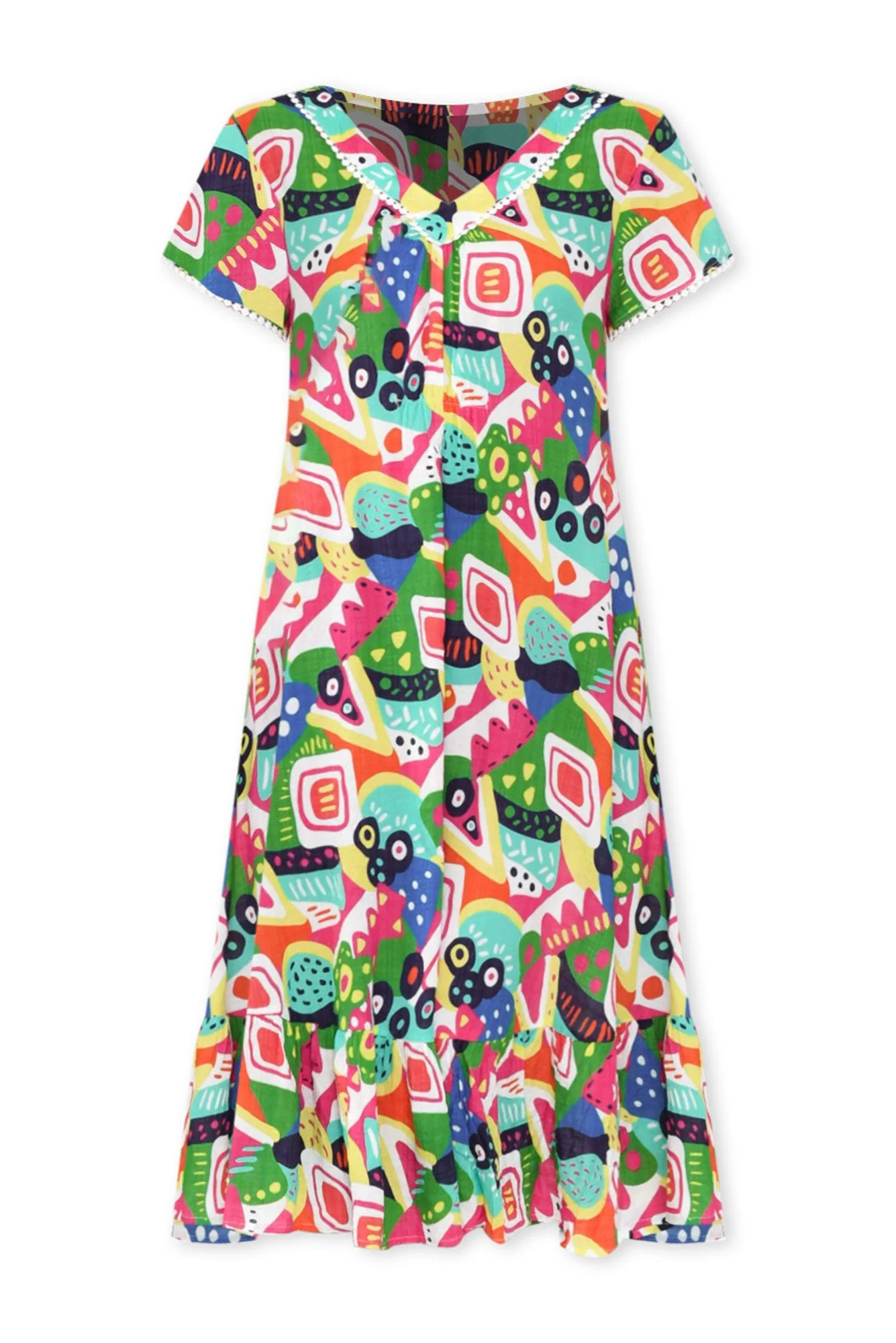 Katika Green Abstract Cotton V Neck Dress