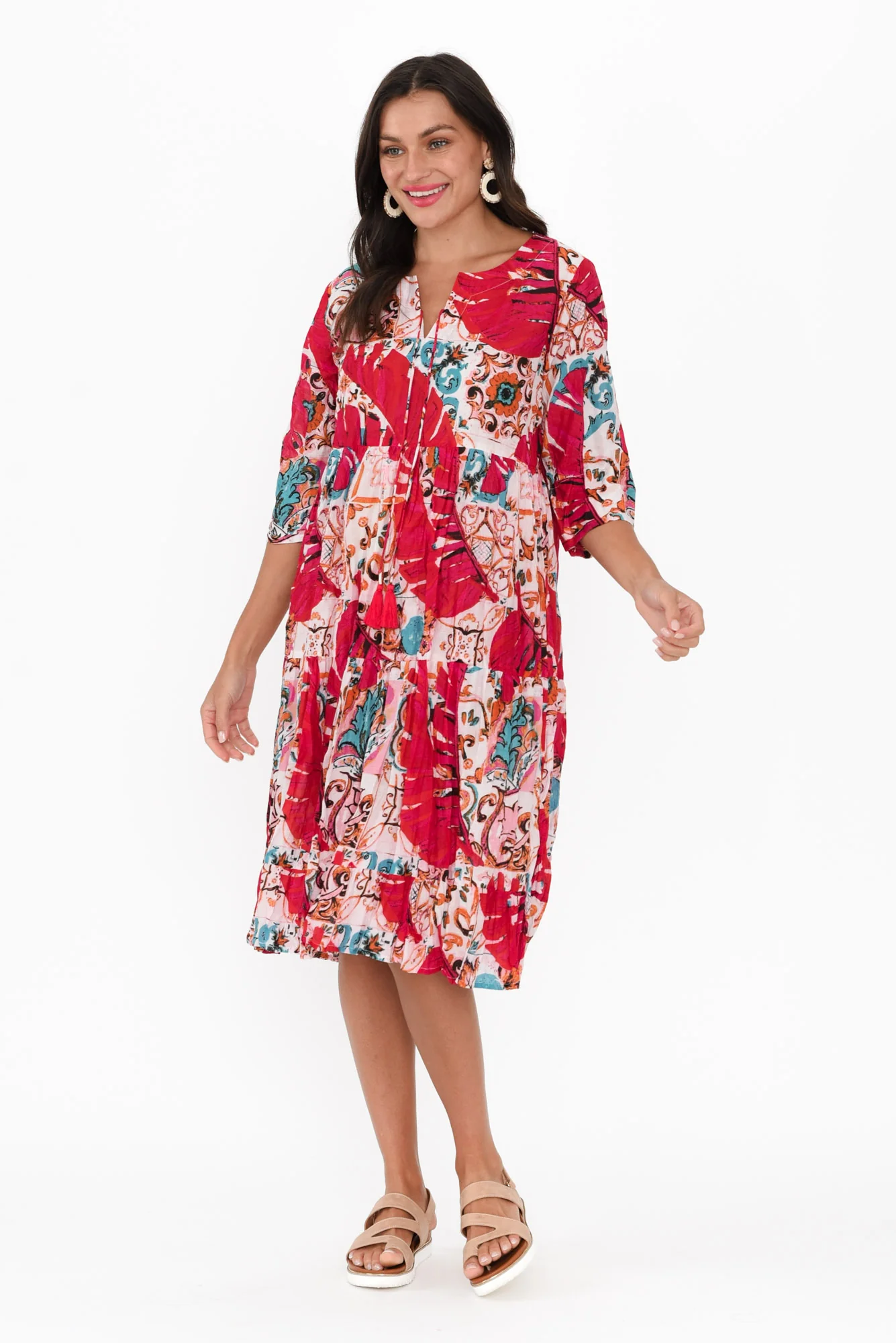 Milana Pink Leaf Crinkle Cotton Dress