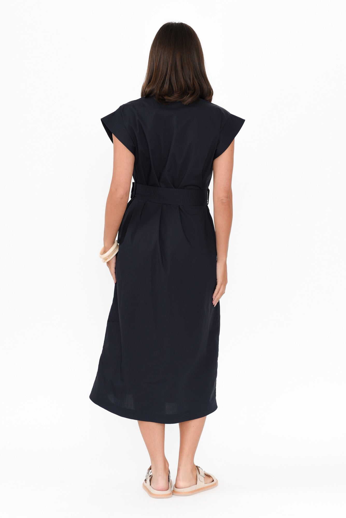 Gail Navy Cotton Belted Dress