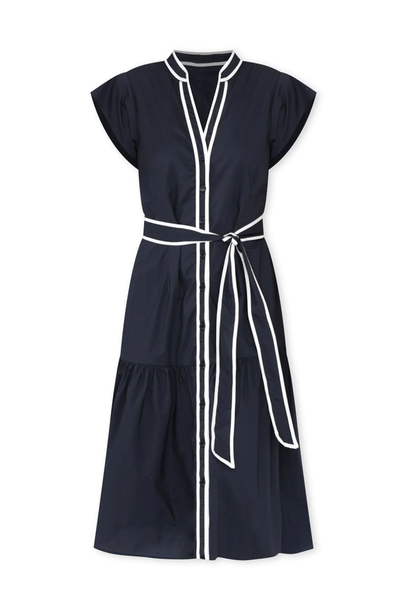 Mari Navy Contrast Cotton Tie Dress
