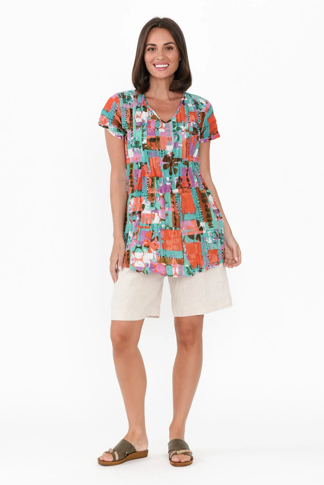 Fia Teal Patchwork Crinkle Cotton Top