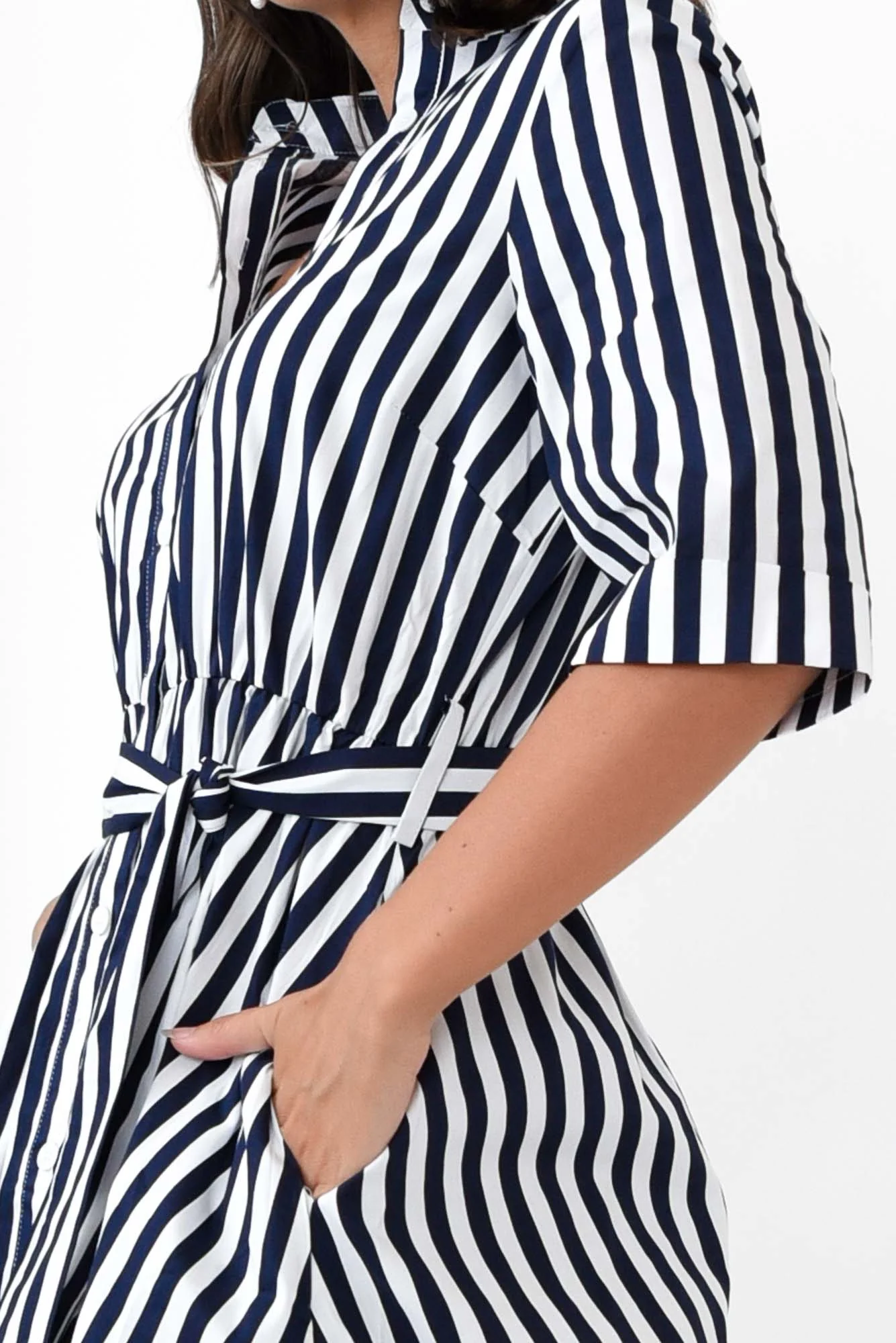 Grace Navy Stripe Cotton Poplin Dress