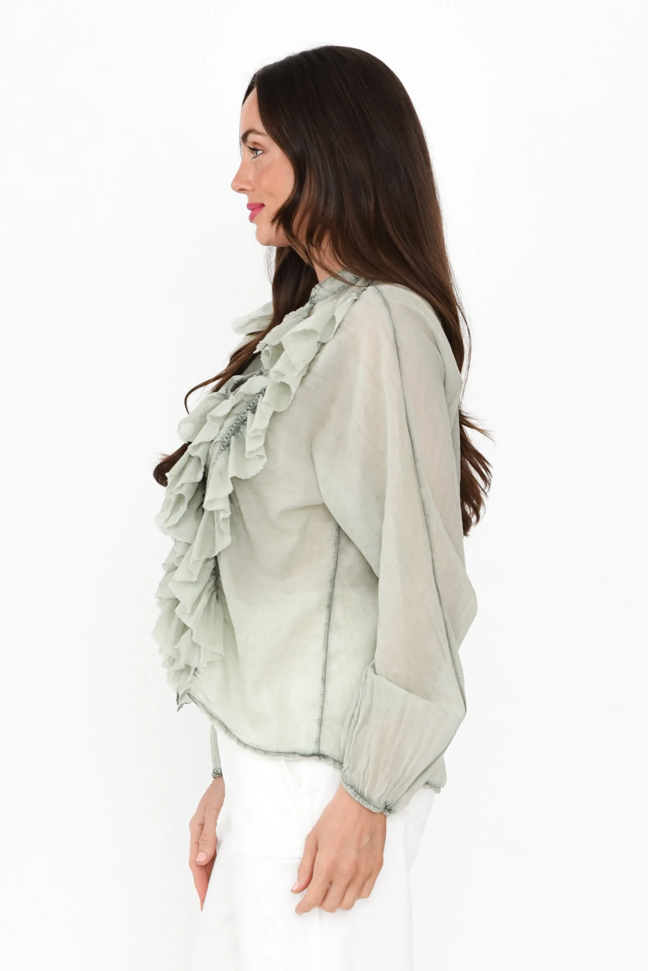Sandra Khaki Cotton Ruffle Top