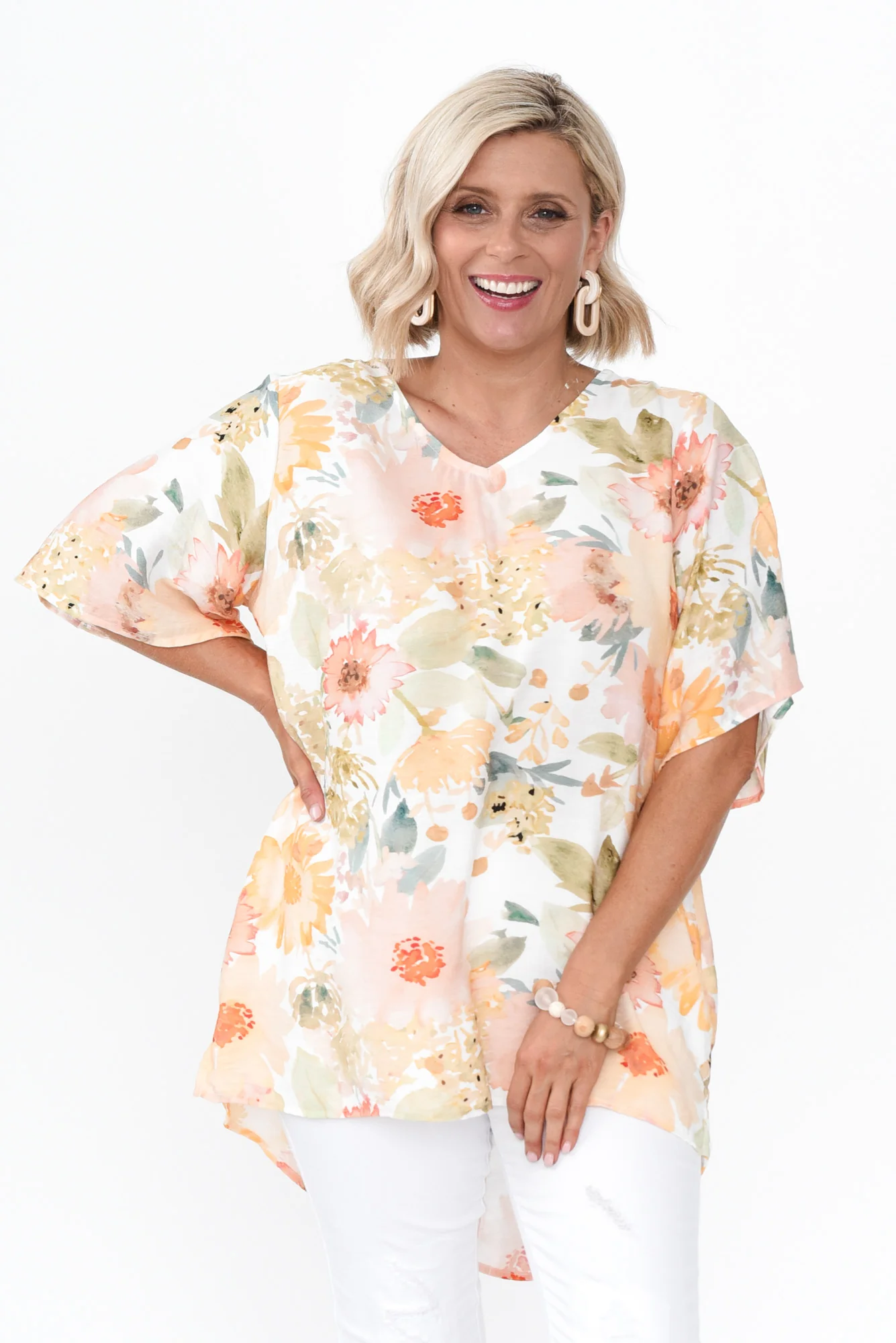Marian White Floral Linen Blend Top