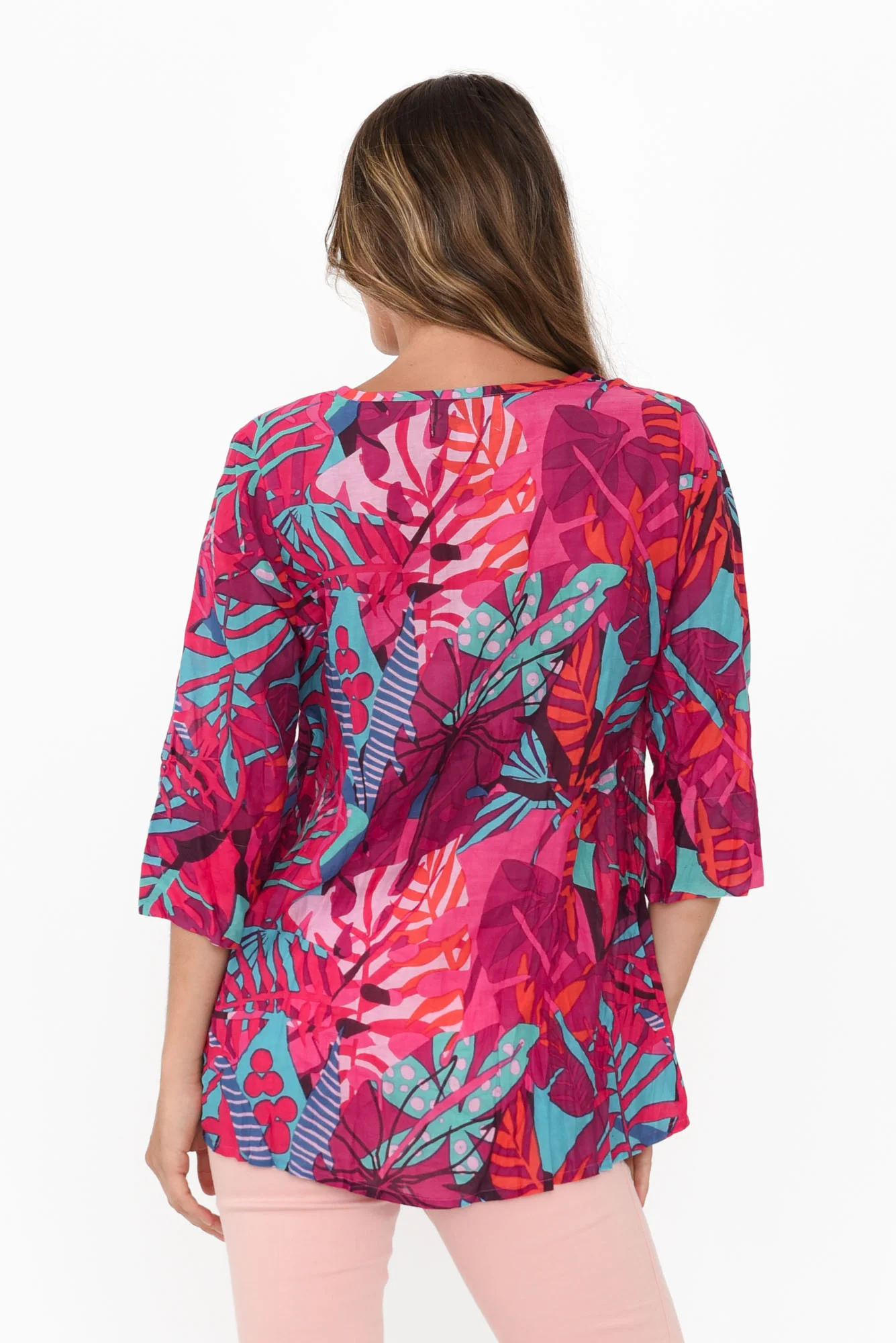 Fia Pink Jungle Sleeved Crinkle Cotton Top