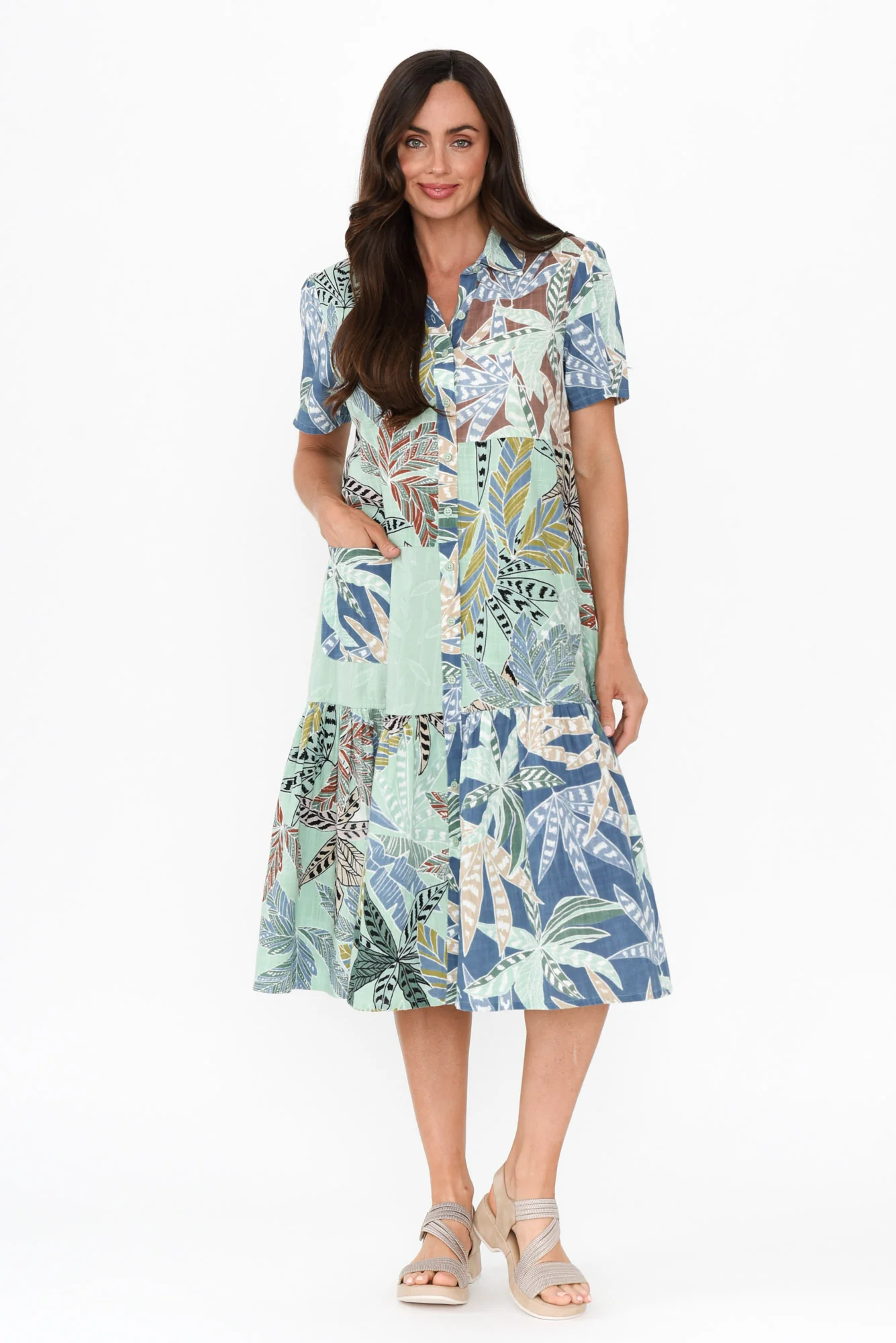 Fitzroy Green Leaf Cotton Collared Dress