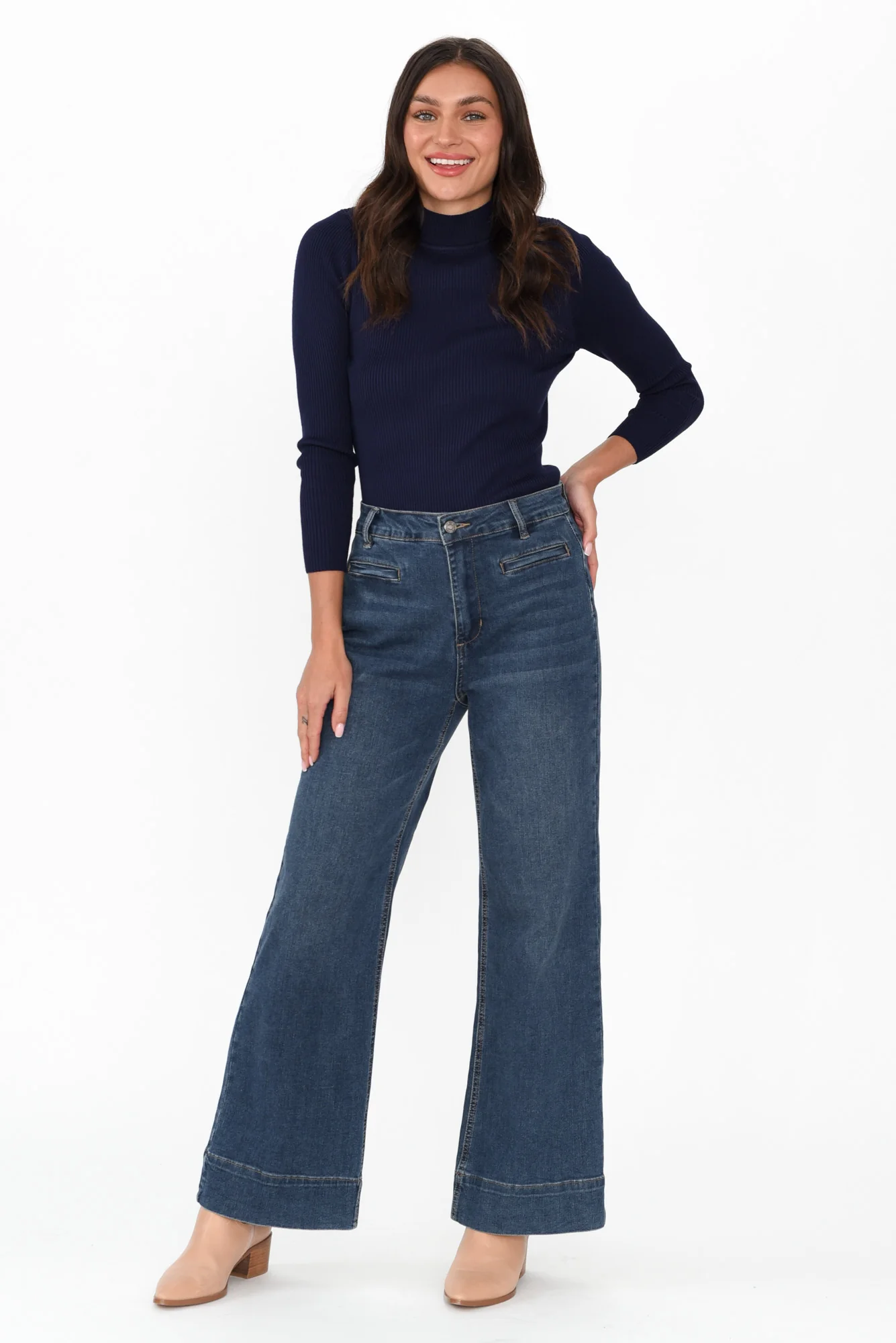 Laurina Navy Cotton Blend Ribbed Top