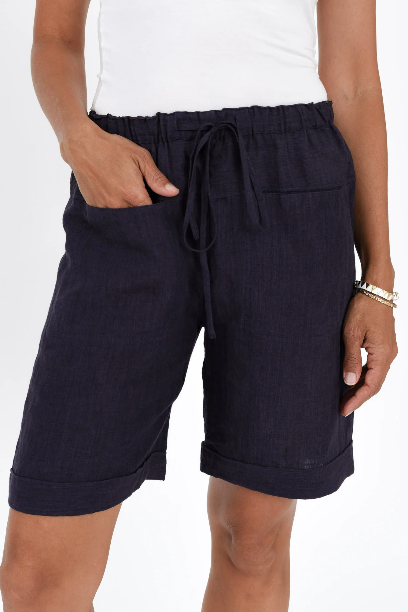 Arwen Navy Linen Drawstring Shorts