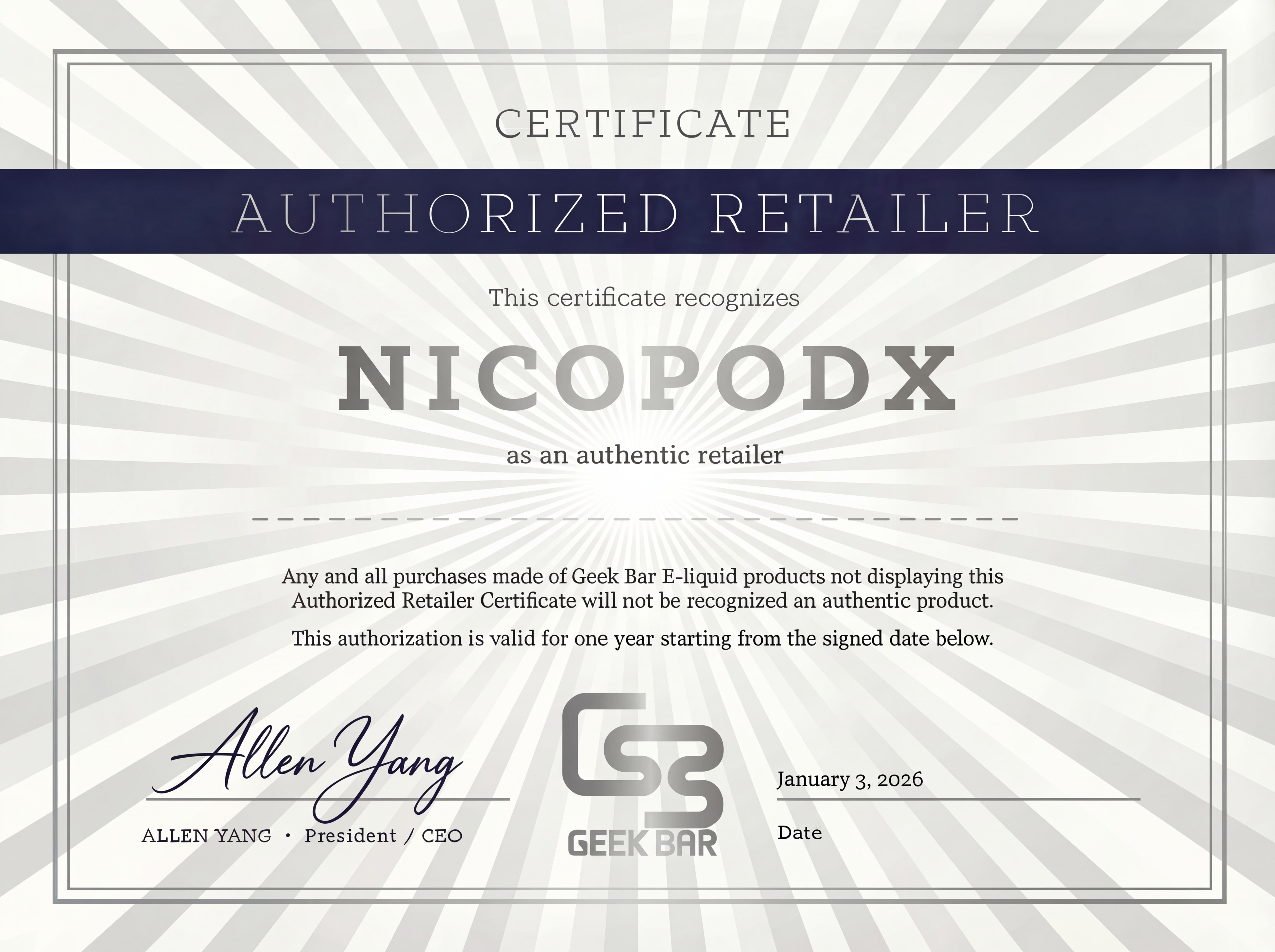 GeekBar US Authorized Retailer Certificate